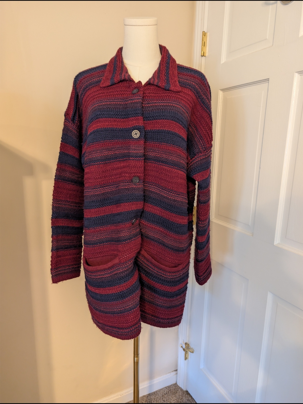 Vintage Eddie Bauer Wool Cotton Striped Cardigan Sweater Medium Burgundy Navy